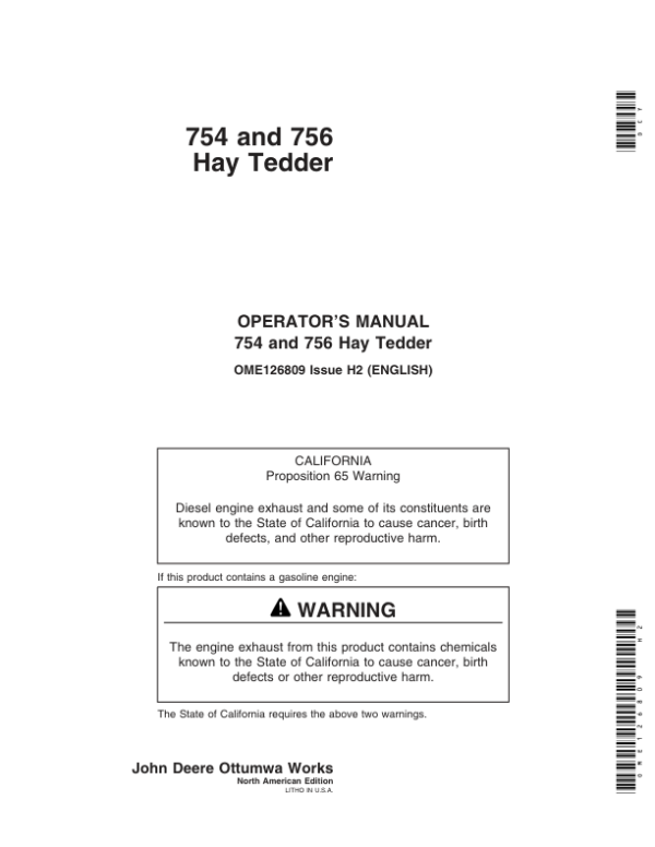 John Deere 754, 756 Hay Tedder Operator’s Manual (OME126809) Workshop Guide