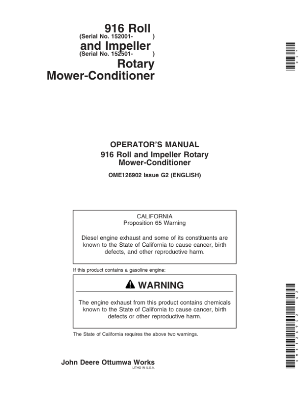 John Deere 916 Roll (152001-), Impeller (152501- ) Rotary Mower Conditioners Operator’s Manual (OME126902) Workshop Guide
