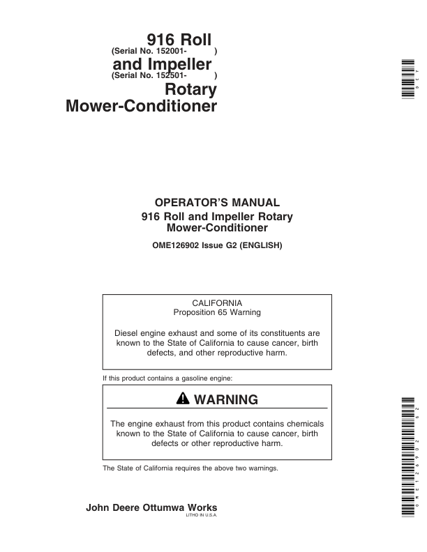 John Deere 916 Roll (152001-), Impeller (152501- ) Rotary Mower Conditioners Operator’s Manual (OME126902) Workshop Guide