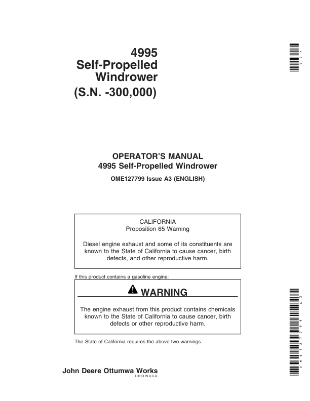 John Deere 4995 Sef-Propelled Windrower Operator’s Manual (OME127799) Workshop Guide