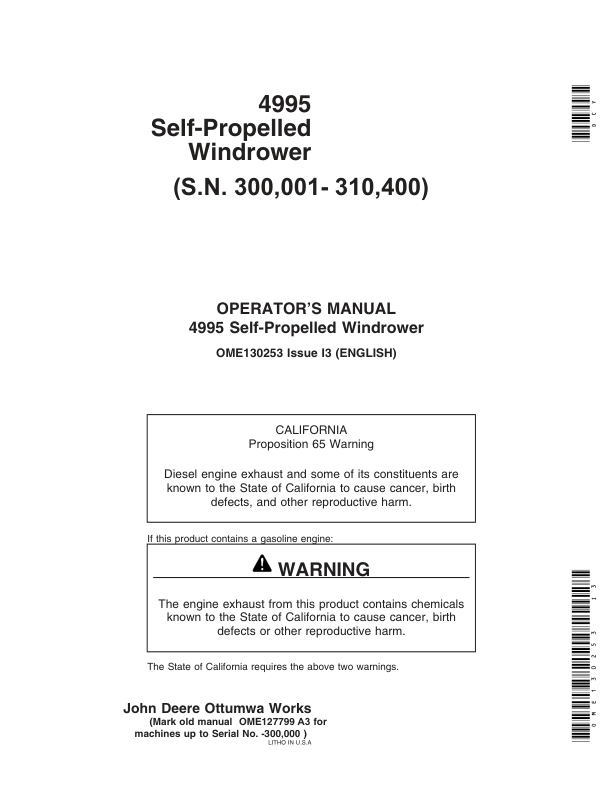 John Deere 4995 Self Propelled Windrower Operator’s Manual (OME130253) Workshop Guide