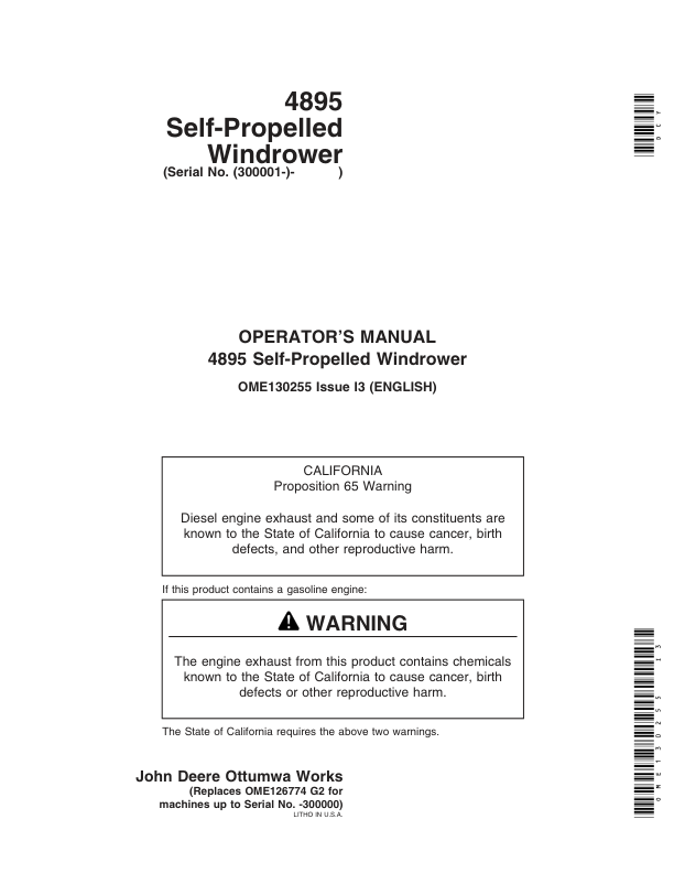 John Deere 4895 Self Propelled Windrower (300001-) Operator’s Manual (OME130255) Workshop Guide