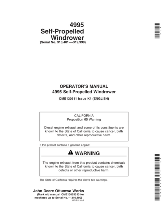 John Deere 4995 Self Propelled Windrower Operator’s Manual (OME130511) Workshop Guide