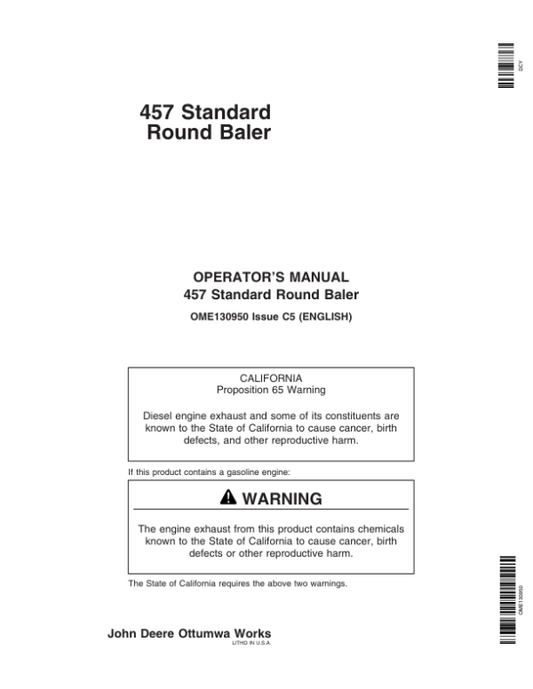 John Deere 457 Standard Round Baler Operator’s Manual (OME130950) Workshop Guide