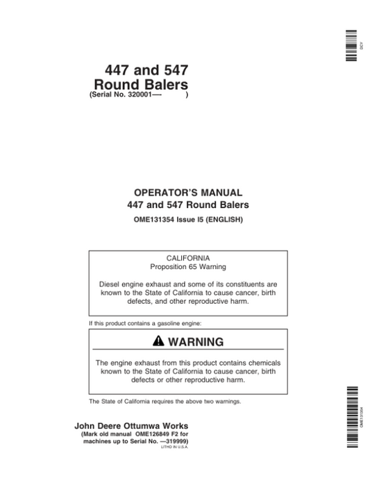 John Deere 447, 547 Round Balers (320001-) Operator’s Manual (OME131354) Workshop Guide