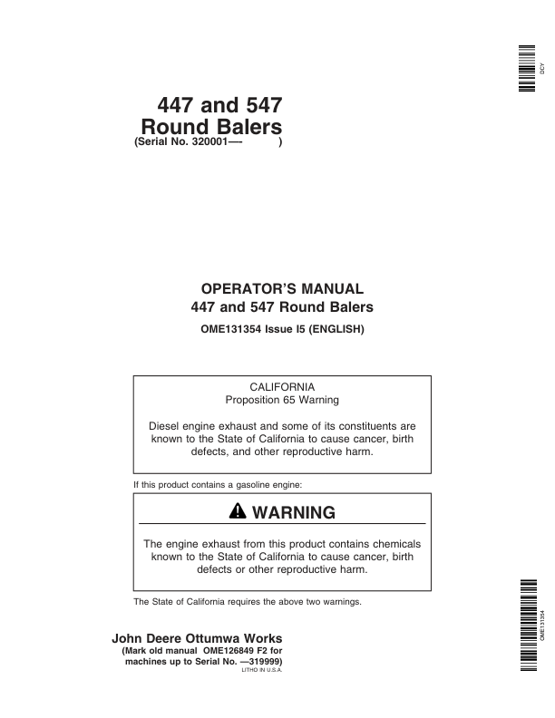 John Deere 447, 547 Round Balers (320001-) Operator’s Manual (OME131354) Workshop Guide