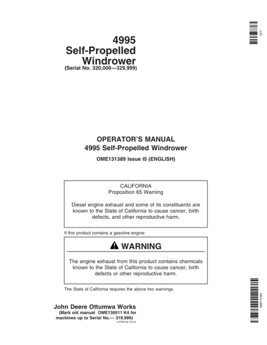 John Deere 4995 Self-Propelled Windrower Operator’s Manual (OME131389) Workshop Guide