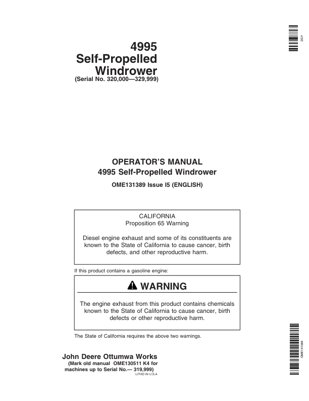 John Deere 4995 Self-Propelled Windrower Operator’s Manual (OME131389) Workshop Guide