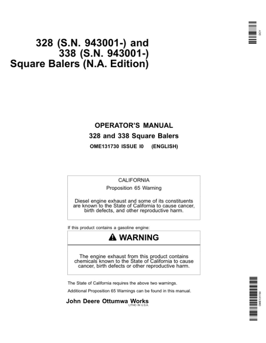 John Deere 328, 338 Square Balers Operator’s Manual (OME131730) Workshop Guide