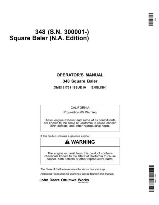 John Deere 348 Square Baler (MY2019) Operator’s Manual (OME131731) Workshop Guide