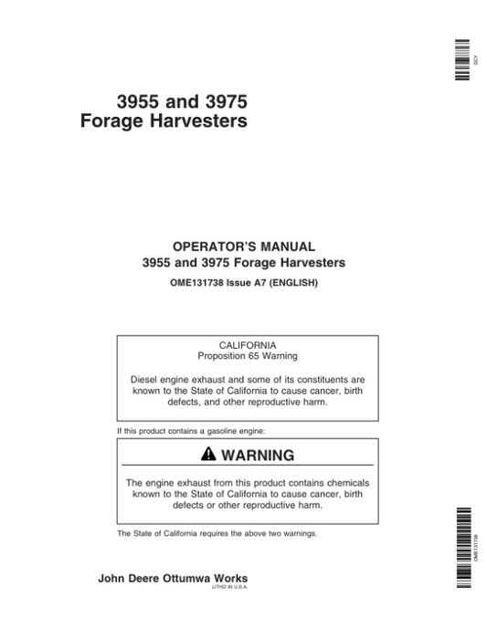 John Deere 3955, 3975 Pull-Type Forage Harvesters Operator’s Manual (OME131738) Workshop Guide
