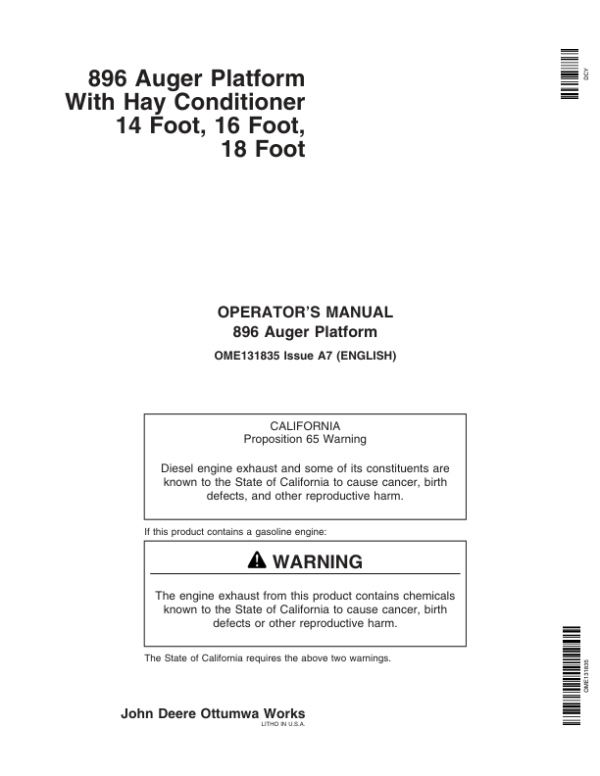 John Deere 896 Auger Platform North America (000001-359999) Operator’s Manual (OME131835) Workshop Guide