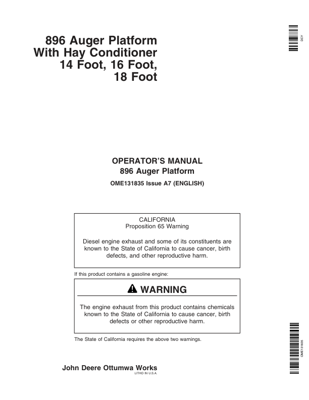 John Deere 896 Auger Platform North America (000001-359999) Operator’s Manual (OME131835) Workshop Guide