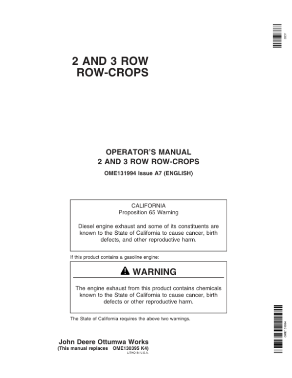 John Deere Row Crop (2 Row, 3 Row) Operator’s Manual (OME131994) Workshop Guide