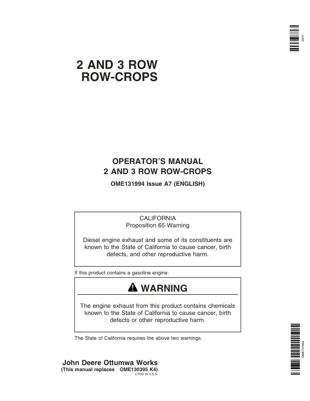 John Deere Row Crop (2 Row, 3 Row) Operator’s Manual (OME131994) Workshop Guide
