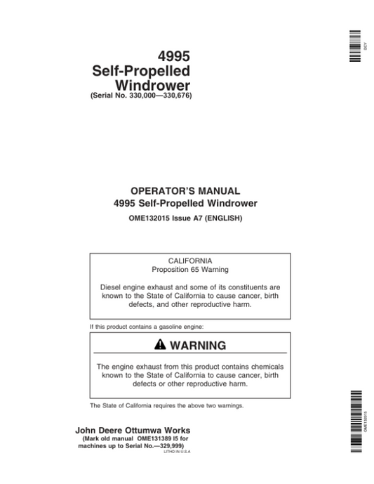 John Deere 4995 Self-Propelled Windrower Operator’s Manual (OME132015) Workshop Guide