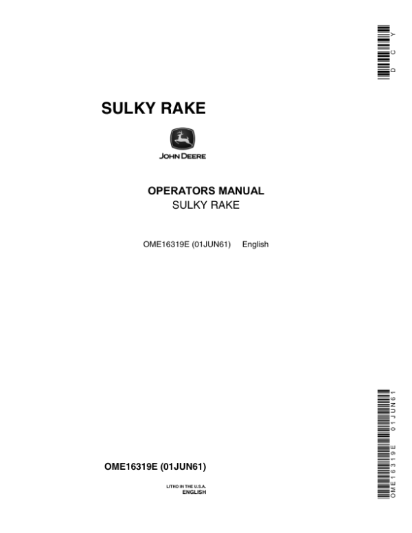 John Deere Sulky Rake Operator’s Manual (OME16319E) Workshop Guide