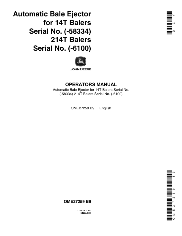 John Deere Automatic Bale Ejector (for 14T & 214T Balers) Operator’s Manual (OME27259) Workshop Guide