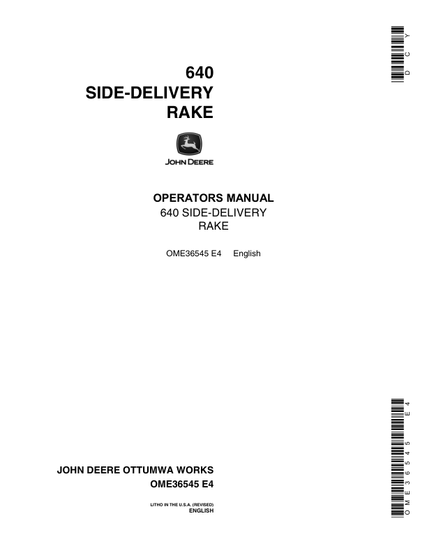 John Deere 640 Side-Delivery Rake Operator’s Manual (OME36545) Workshop Guide