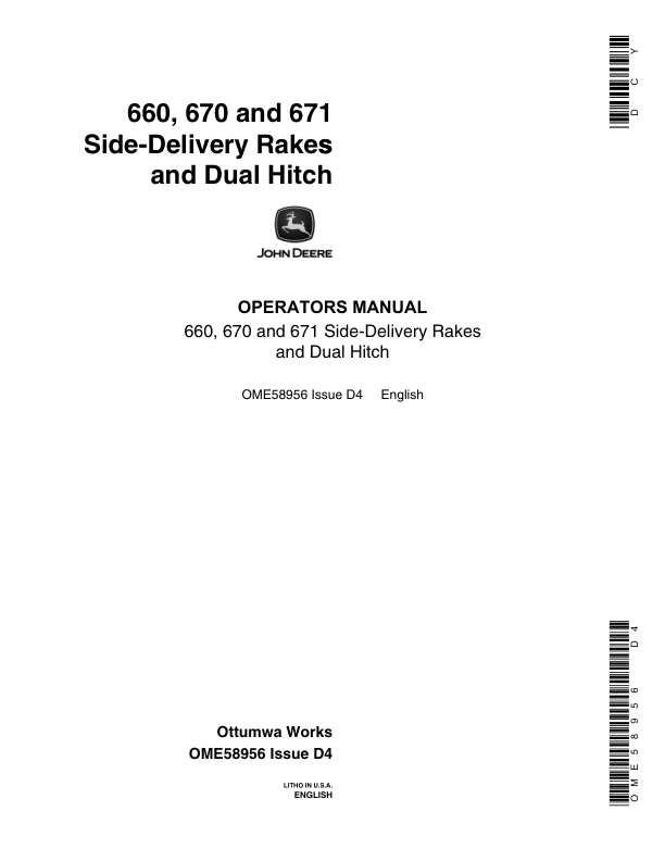 John Deere 660, 670, 671 Rakes, Dual Hitches Operator’s Manual (OME58956) Workshop Guide
