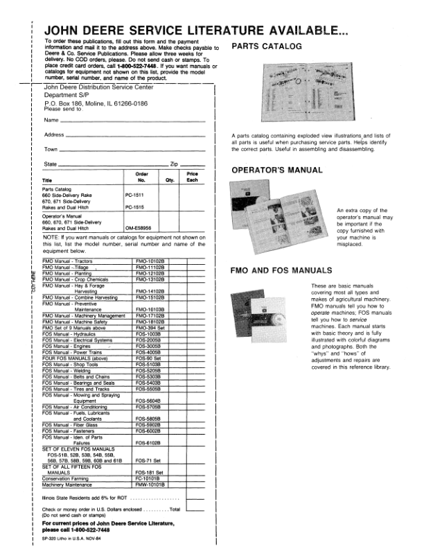 John Deere 660, 670, 671 Rakes, Dual Hitches Operator’s Manual (OME58956) Workshop Guide