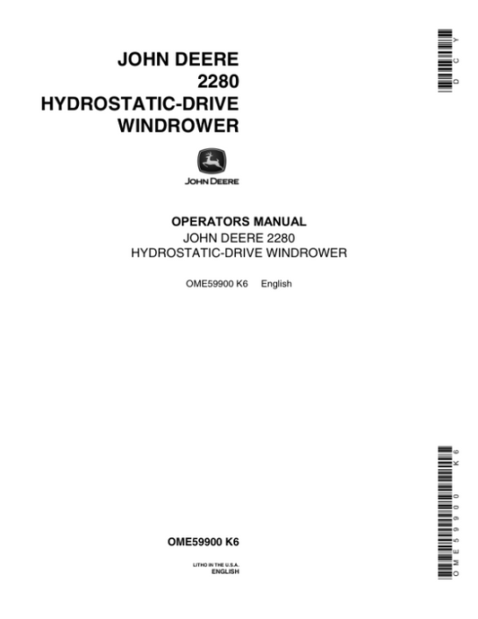 John Deere 2280 Hydrostatic-Drive Windrower Operator’s Manual (OME59900) Workshop Guide
