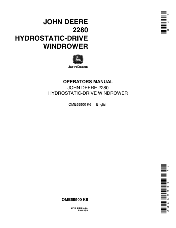 John Deere 2280 Hydrostatic-Drive Windrower Operator’s Manual (OME59900) Workshop Guide