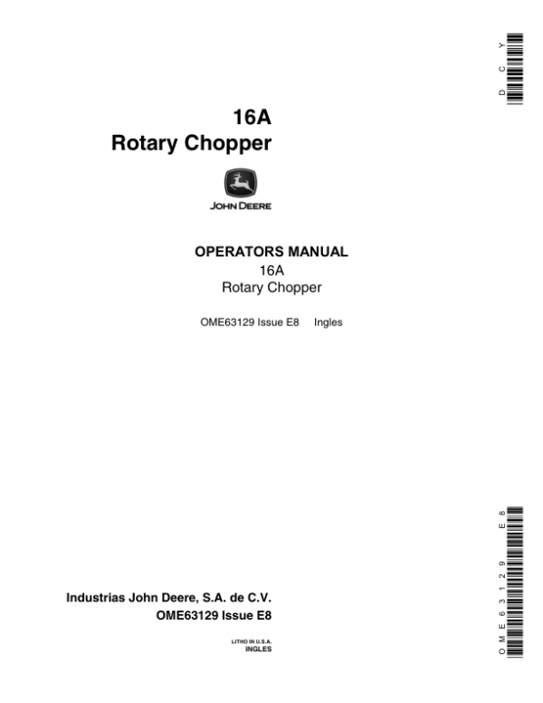 John Deere 16A Rotary Chopper Operator’s Manual (OME63129) Workshop Guide
