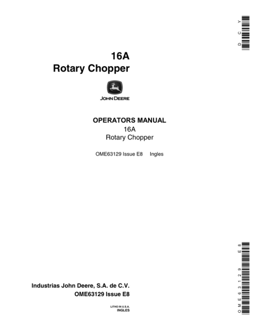 John Deere 16A Rotary Chopper Operator’s Manual (OME63129) Workshop Guide
