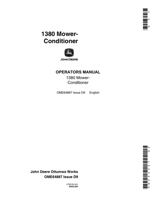 John Deere 1380 Mower Conditioner Operator’s Manual (OME64887) Workshop Guide