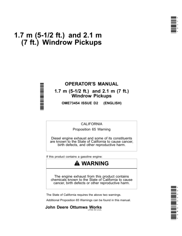 John Deere Windrow Pickups 5.5-Ft. (1.7M), 7-Ft. (2.1M) Operator’s Manual (OME73454) Workshop Guide