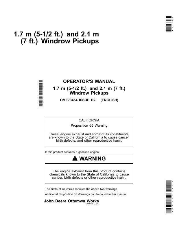 John Deere Windrow Pickups 5.5-Ft. (1.7M), 7-Ft. (2.1M) Operator’s Manual (OME73454) Workshop Guide