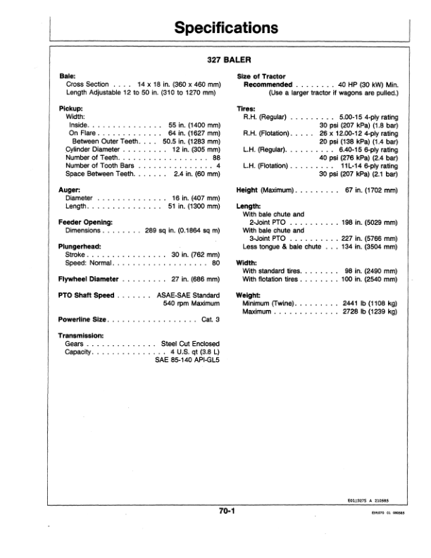John Deere 327, 337 Series Balers Operator’s Manual (OME76107) Workshop Guide
