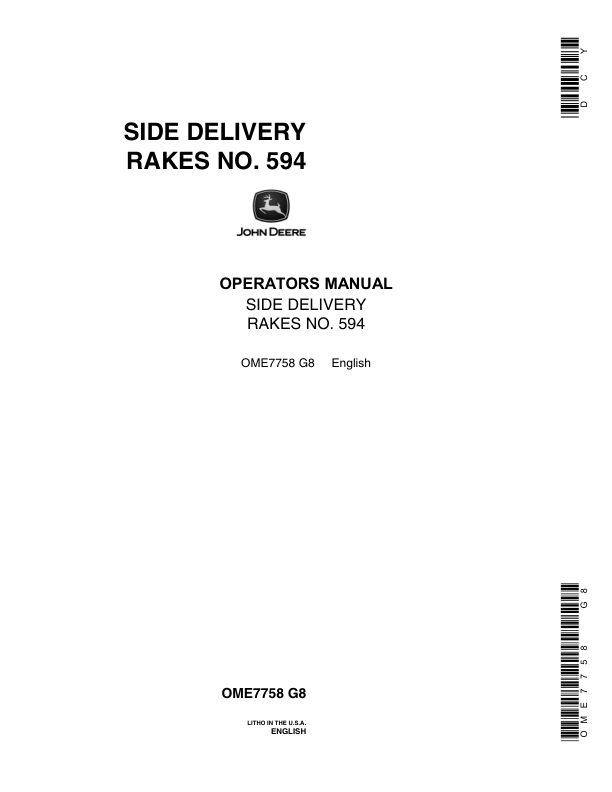 John Deere Side Delivery Rakes No. 594 Operator’s Manual (OME7758) Workshop Guide