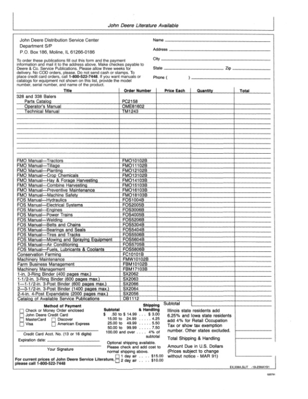 John Deere 328, 338 Balers (-943001) Operator’s Manual (OME81602) Workshop Guide