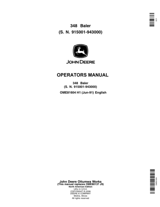 John Deere 348 Square Balers (MY1991-MY1994 ) Operator’s Manual (OME81604) Workshop Guide