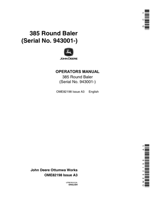 John Deere 385 Round Baler (943001-) Operator’s Manual (OME82198) Workshop Guide