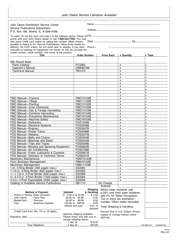John Deere 385 Round Baler (943001-) Operator’s Manual (OME82198) Workshop Guide