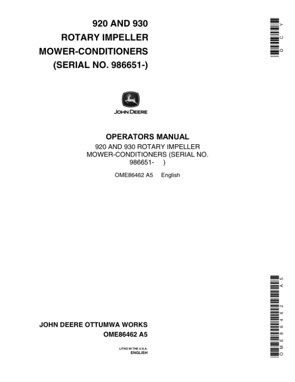 John Deere 920, 930 Rotary Impeller Mower Conditioner Operator’s Manual (OME86462) Workshop Guide