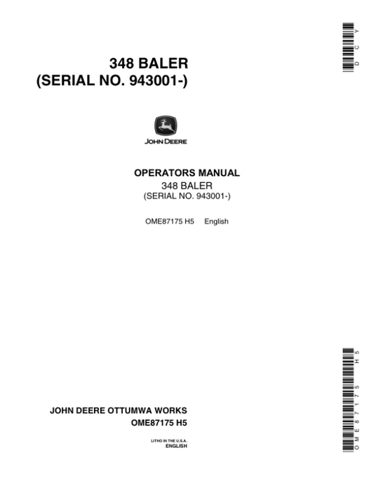 John Deere 348 Square Balers Operator’s Manual (OME87175) Workshop Guide