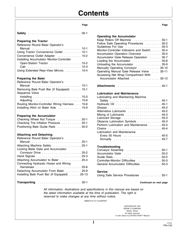 John Deere 20 Round Bale Accumulator Operator’s Manual (OME87315) Workshop Guide