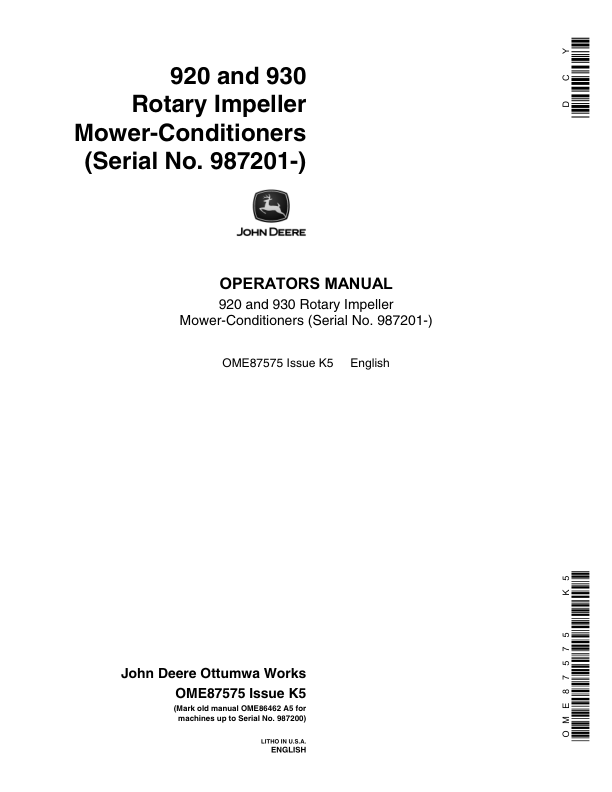 John Deere 920, 930 Rotary Impeller Mower Conditioner Operator’s Manual (OME87575) Workshop Guide