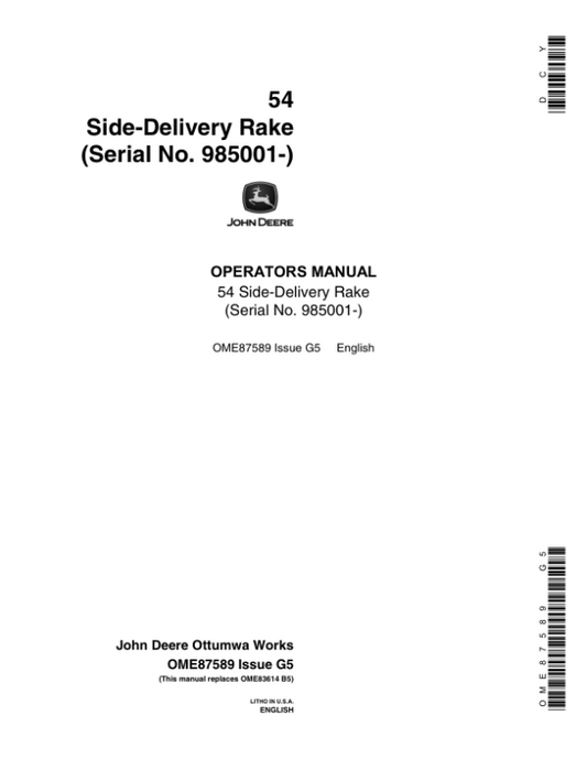 John Deere 54 Side Delivery Rake (985001-) Operator’s Manual (OME87589) Workshop Guide