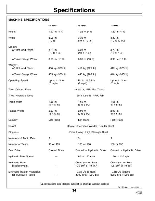 John Deere 64, 74, 75 Side-Delivery Rakes, Tandem Hitch (985001-) Operator’s Manual (OME87592) Workshop Guide