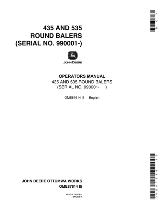 John Deere 435, 535 Round Balers (990001-) Operator’s Manual (OME87614) Workshop Guide