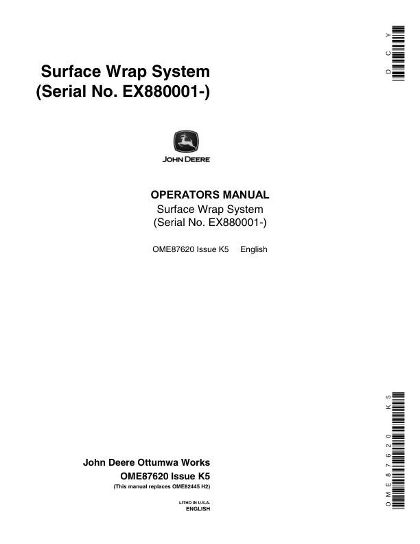 John Deere Surface Wrap System for 435, 535 Round Balers (880001-) Operator’s Manual (OME87620) Workshop Guide