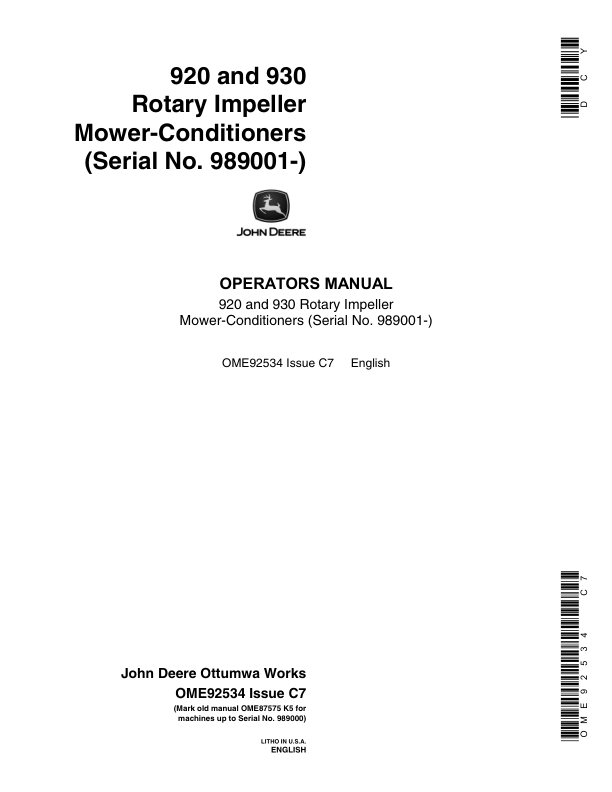 John Deere 920, 930 Rotary Impeller Mower Conditioner Operator’s Manual (OME92534) Workshop Guide