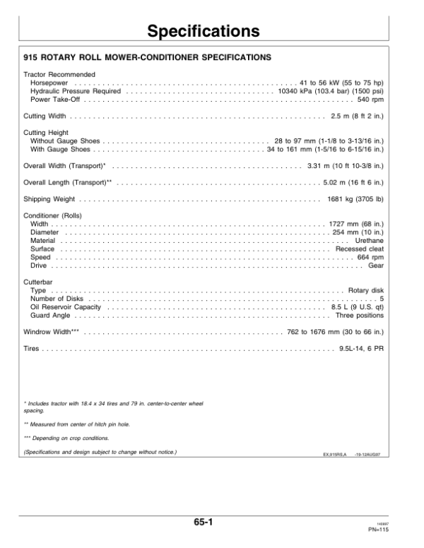 John Deere 915 Rotary Roll Mower Conditioner North America (123001-132050) Operator’s Manual (OME92543) Workshop Guide