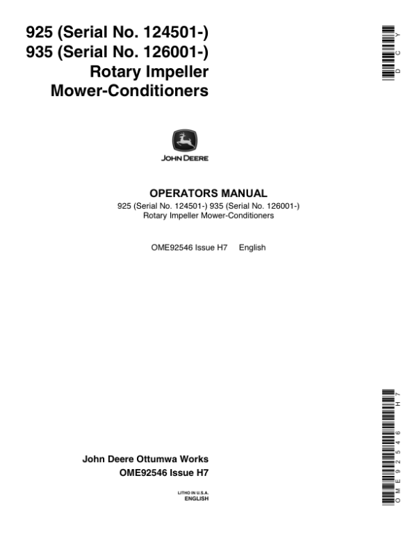 John Deere 925 (124501-), 935 (126001-) Rotary Impeller Mower Conditioners Operator’s Manual (OME92546) Workshop Guide