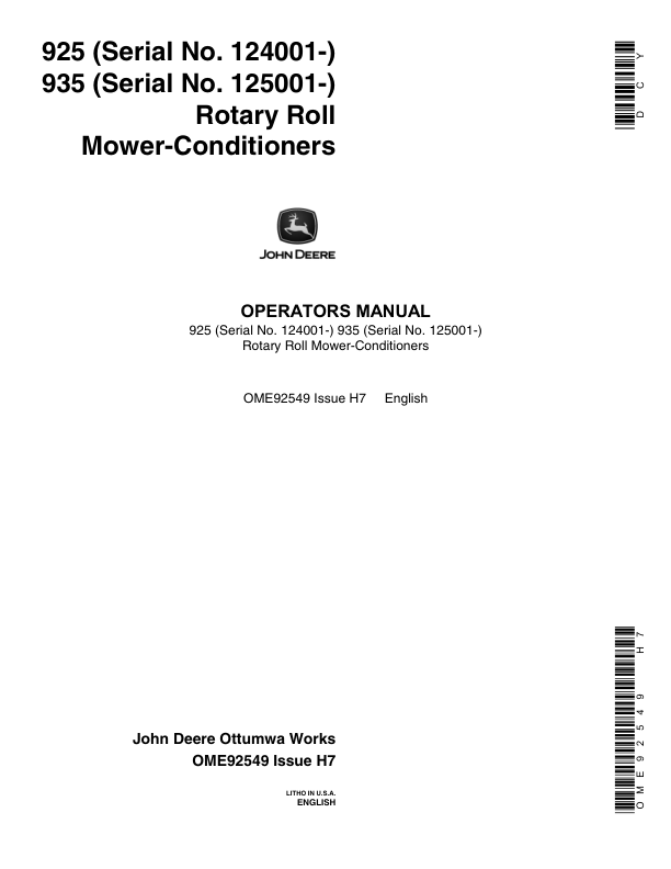 John Deere 925, 935 Mower Conditioners Operator’s Manual (OME92549) Workshop Guide